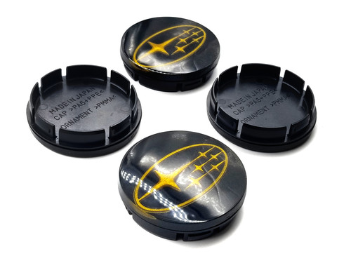 Replacement Gloss Black Center Caps with 3d Logo - Gold Stars Logo (59mm)