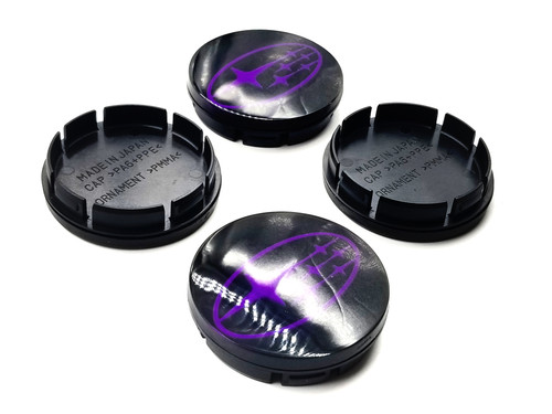 Replacement Gloss Black Center Caps with 3d Logo - Purple Stars Logo (59mm)