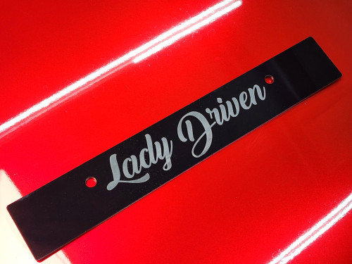 Vanity Plate Delete LADY DRIVEN Logo Engraved -  Gloss Black Acrylic