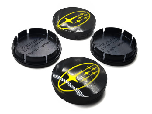 Replacement Gloss Black Center Caps with 3d Logo - Yellow Stars Logo (59mm)