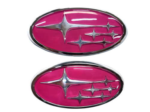 Pink/Chrome Replacement Front and Rear Subie Emblem Kit (READ DESCRIPTION)