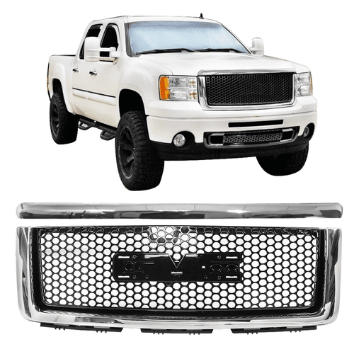 Gloss Black Mesh Grille w/ Round Hole + Hood Molding with Chrome Trim ABS | 2007-2013 GMC Sierra 1500 