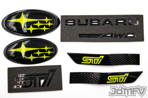 GIFT PACK - GLOSS black STI, Symmetrical AWD, GLOSS black fender, YELLOW front/rear emblem "stars" (2015-2021 STI)