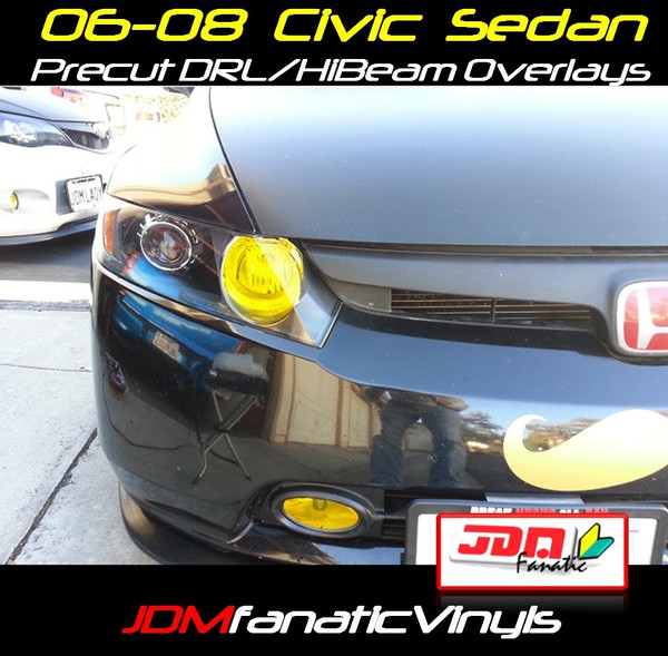 06-08 Honda Civic Sedan Precut Yellow High beam Head Light Overlays Tint