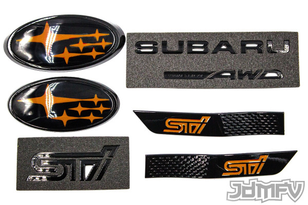 GIFT PACK - GLOSS black STI, Symmetrical AWD, GLOSS black fender, ORANGE front/rear emblem "stars" (2015-2021 STI)