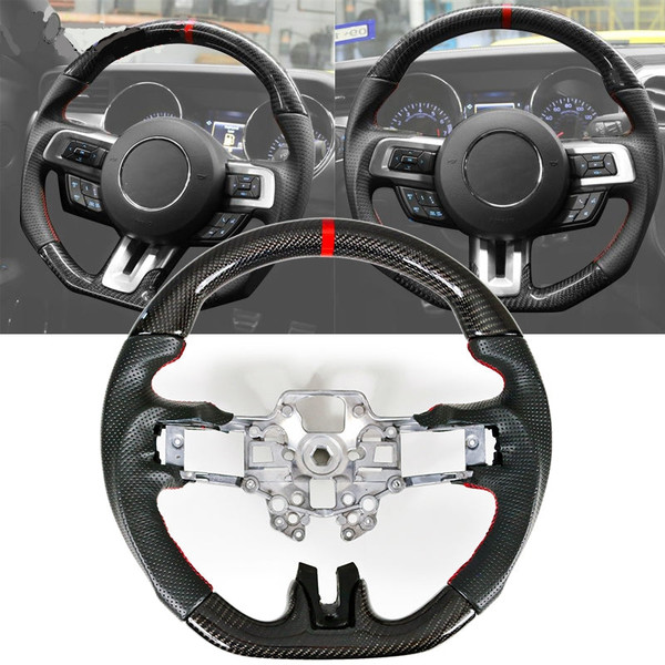 Carbon Fiber Red Stripe / Leather Steering Wheel | 2018-2023  Ford Mustang