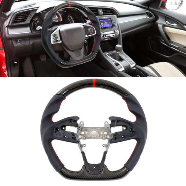 Carbon Fiber Red Stripe / Leather Steering Wheel | 2016-2021 Honda Civic