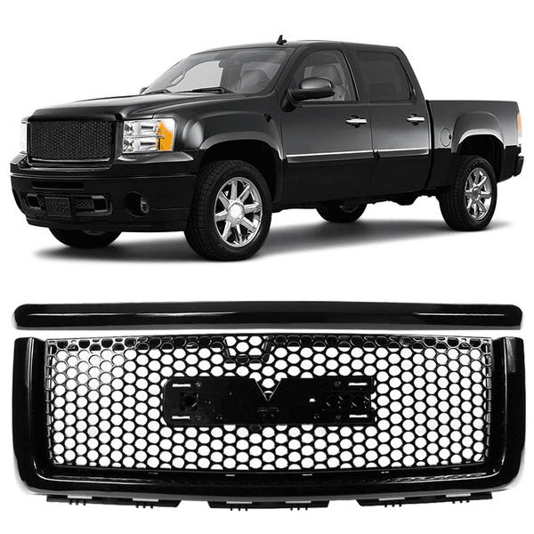 Gloss Black Mesh Grille w/ Round Hole + Hood Molding ABS | 2007-2013 GMC Sierra 1500 