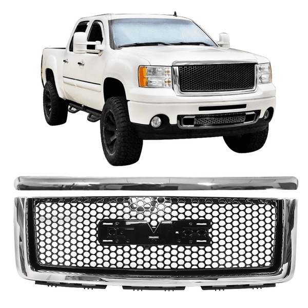Gloss Black Mesh Grille w/ Round Hole + Hood Molding with Chrome Trim ABS | 2007-2013 GMC Sierra 1500 