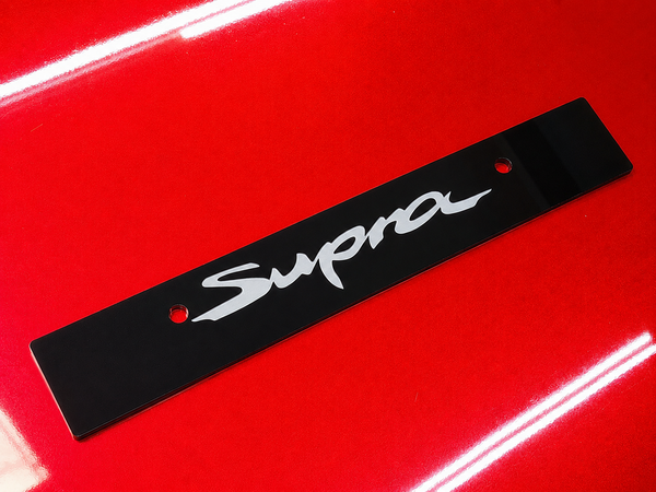 SUPRA script Vanity Plate Delete Engraved Gloss Black Acrylic
