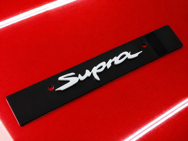 SUPRA script with Colored Logo Vanity Plate Delete Engraved Gloss Black Acrylic