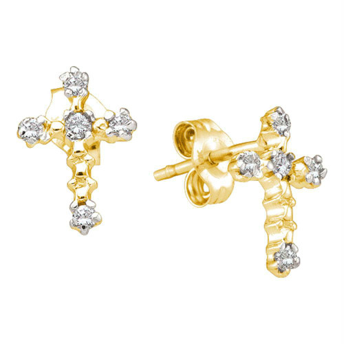 10kt Yellow Gold Womens Round Diamond Cross Religious Earrings 1/20 Cttw