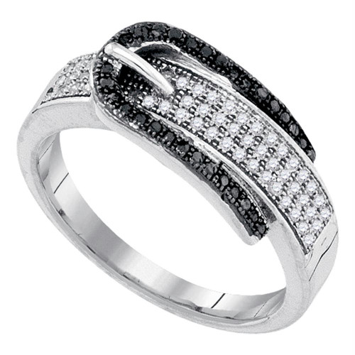 10kt White Gold Womens Round Black Color Enhanced Diamond Belt Buckle Band Ring 1/4 Cttw