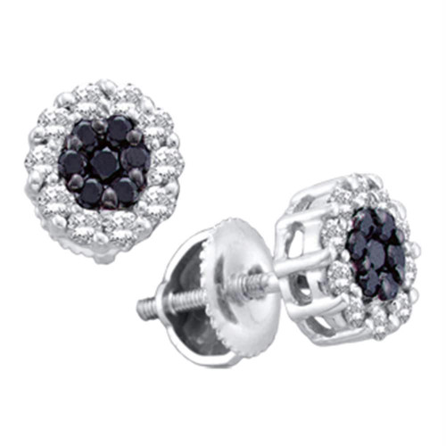 14kt White Gold Womens Round Black Color Enhanced Diamond Flower Cluster Earrings 1.00 Cttw