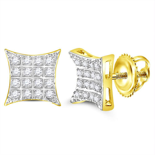 10kt Yellow Gold Mens Round Diamond Kite Square Cluster Stud Earrings 1/10 Cttw