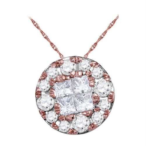 14kt Rose Gold Womens Princess Round Diamond Soleil Cluster Pendant 1/4 Cttw