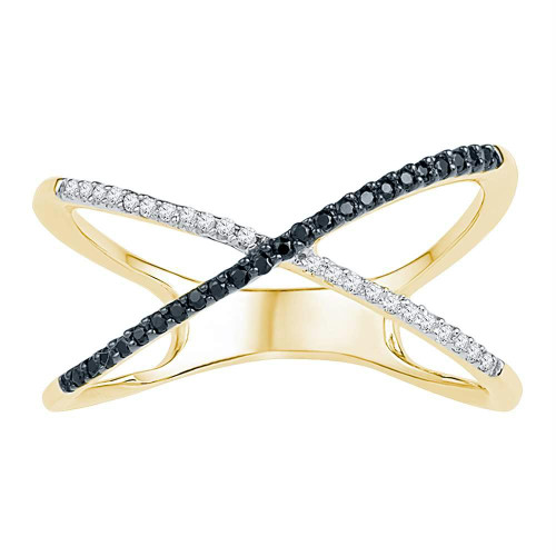 10kt Yellow Gold Womens Round Black Color Enhanced Diamond Crossover Band Ring 1/6 Cttw