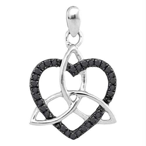 10kt White Gold Womens Round Black Color Enhanced Diamond Triquetra Heart Love Pendant 1/10 Cttw