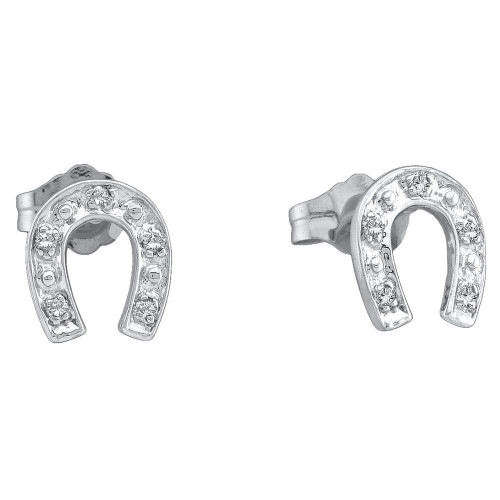 Sterling Silver Womens Round Diamond Lucky Horseshoe Screwback Earrings 1/20 Cttw