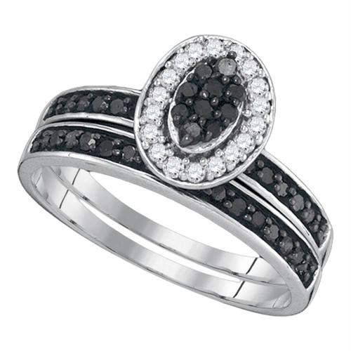 Sterling Silver Womens Black Color Enhanced Diamond Cluster Bridal Wedding Engagement Ring Band Set 1/2 Cttw