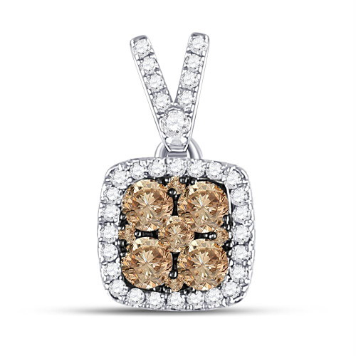 14kt White Gold Womens Round Brown Color Enhanced Diamond Square Cluster Pendant 1/2 Cttw