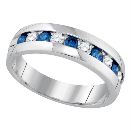 10kt White Gold Mens Round Blue Color Enhanced Diamond Band Ring 1.00 Cttw