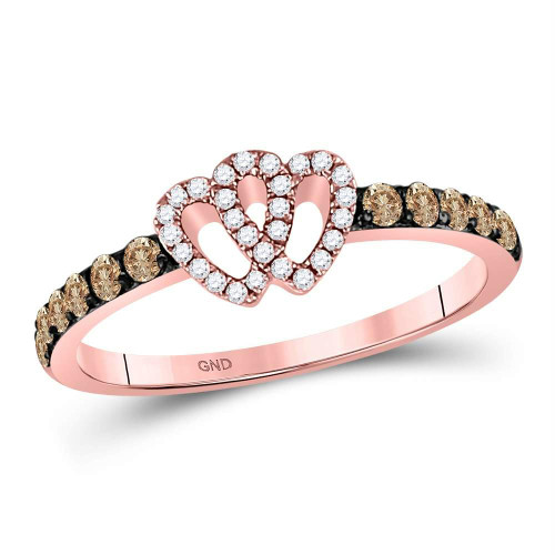 10kt Rose Gold Womens Round Brown Color Enhanced Diamond Double Heart Ring 1/4 Cttw