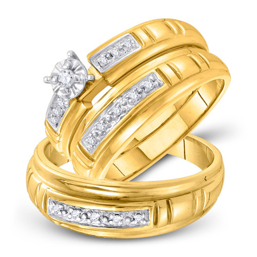 10kt Yellow Gold His & Hers Round Diamond Solitaire Matching Bridal Wedding Ring Band Set 1/6 Cttw
