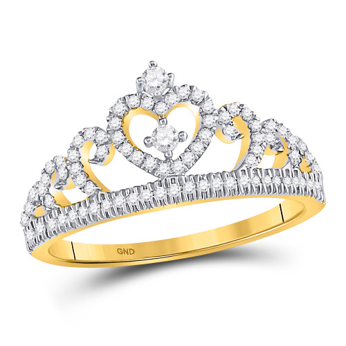 10kt Yellow Gold Womens Round Diamond Heart Crown Tiara Fashion Ring 1/5 Cttw