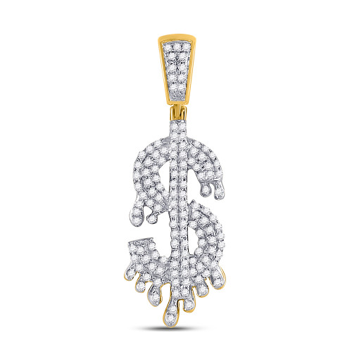 10kt Yellow Gold Mens Round Diamond Dripping Dollar Sign Charm Pendant 3/8 Cttw