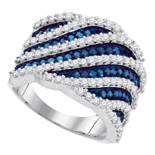 10kt White Gold Womens Round Blue Color Enhanced Diamond Diagonal Stripe Fashion Ring 1-7/8 Cttw
