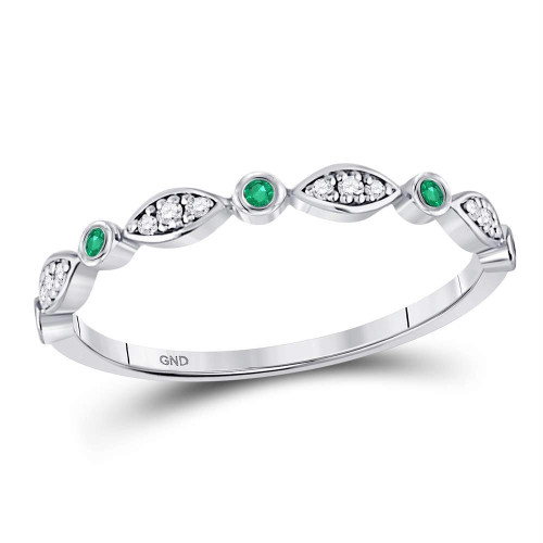 10kt White Gold Womens Round Emerald Diamond Marquise Dot Stackable Band Ring 1/8 Cttw