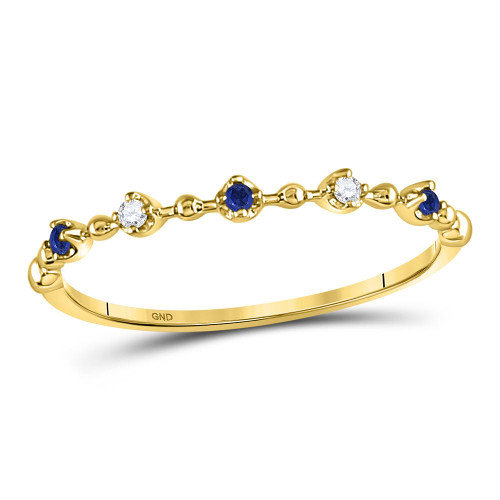 10kt Yellow Gold Womens Round Blue Sapphire Diamond Beaded Stackable Band Ring 1/20 Cttw