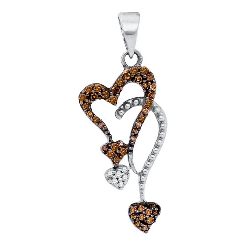 10kt White Gold Womens Round Cognac-brown Color Enhanced Diamond Double Heart Droplet Pendant 1/5 Cttw