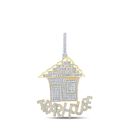 14kt Yellow Gold Mens Baguette Diamond Trap House Charm Pendant 4-3/8 Cttw