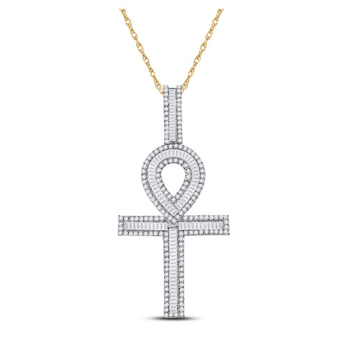 10kt Yellow Gold Mens Baguette Diamond Ankh Cross Charm Pendant 1-5/8 Cttw