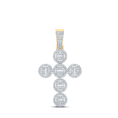 10kt Yellow Gold Mens Baguette Diamond Cross Charm Pendant 1-5/8 Cttw