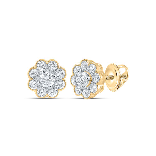 14kt Yellow Gold Womens Round Diamond Flower Cluster Earrings 3/4 Cttw - 119067