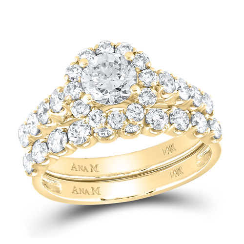 14kt Yellow Gold Round Diamond Halo Bridal Wedding Ring Band Set 2 Cttw