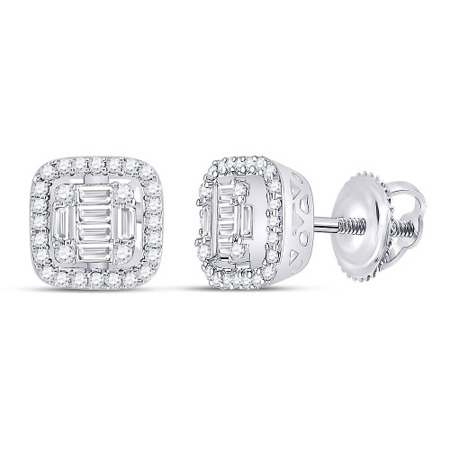 14kt White Gold Womens Baguette Diamond Fashion Cushion Cluster Earrings 3/8 Cttw