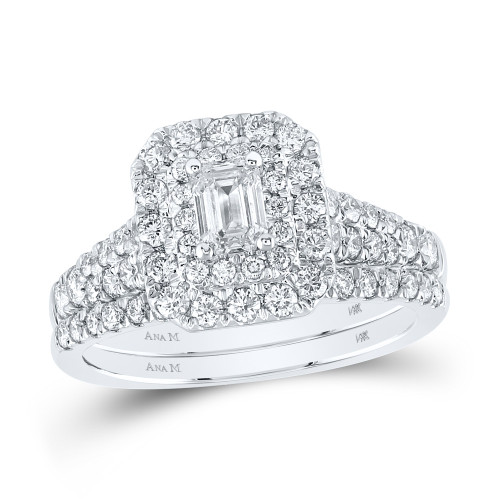14kt White Gold Emerald Diamond Halo Bridal Wedding Ring Band Set 1-1/2 Cttw - 163773