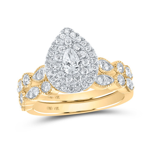 14kt Yellow Gold Pear Diamond Halo Bridal Wedding Ring Band Set 1 Cttw - 163816