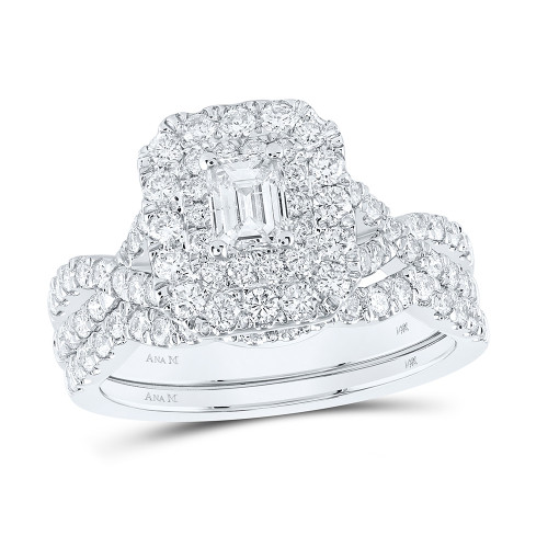 14kt White Gold Emerald Diamond Halo Bridal Wedding Ring Band Set 1-1/2 Cttw - 163674