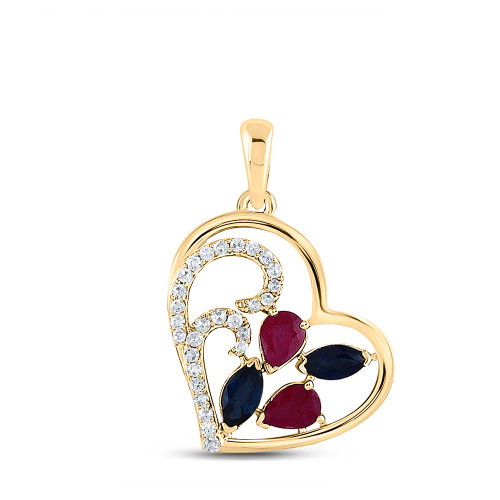 10kt Yellow Gold Womens Pear Ruby Blue Sapphire Diamond Heart Pendant 1 Cttw