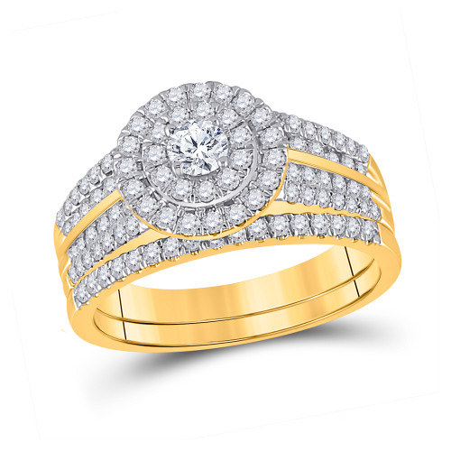 10kt Yellow Gold Round Diamond Halo Bridal Wedding Ring Band Set 1 Cttw - 153854