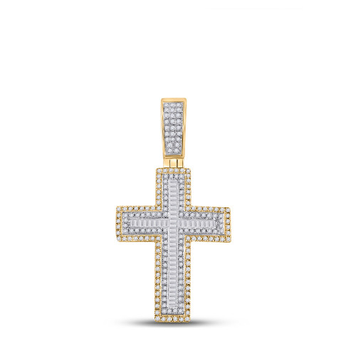 10kt Yellow Gold Mens Baguette Diamond Cross Charm Pendant 7/8 Cttw