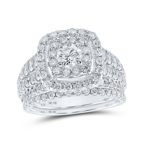 10kt White Gold Round Diamond Square Halo Bridal Wedding Ring Band Set 2 Cttw - 165616