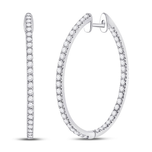 14kt White Gold Womens Round Diamond Slender Single Row Hoop Earrings 1-1/2 Cttw - 153673