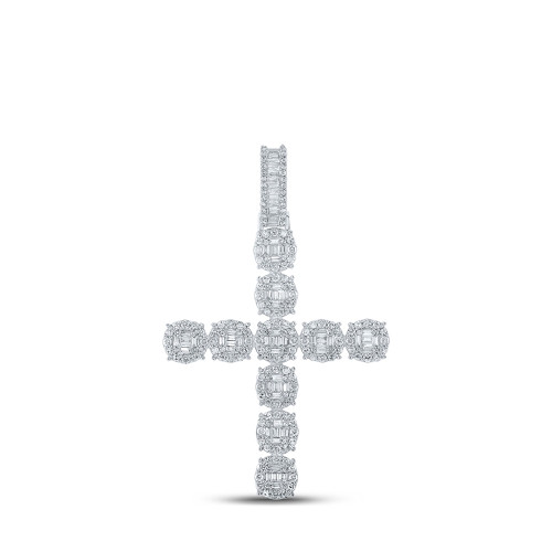 10kt White Gold Mens Baguette Diamond Cross Charm Pendant 1-7/8 Cttw