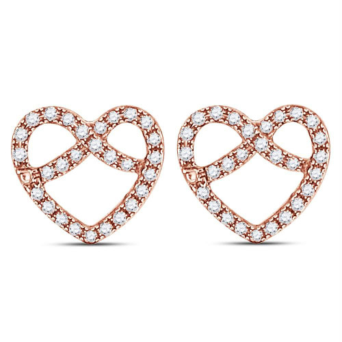 10kt Rose Gold Womens Round Diamond Pretzel Heart Stud Earrings 1/6 Cttw